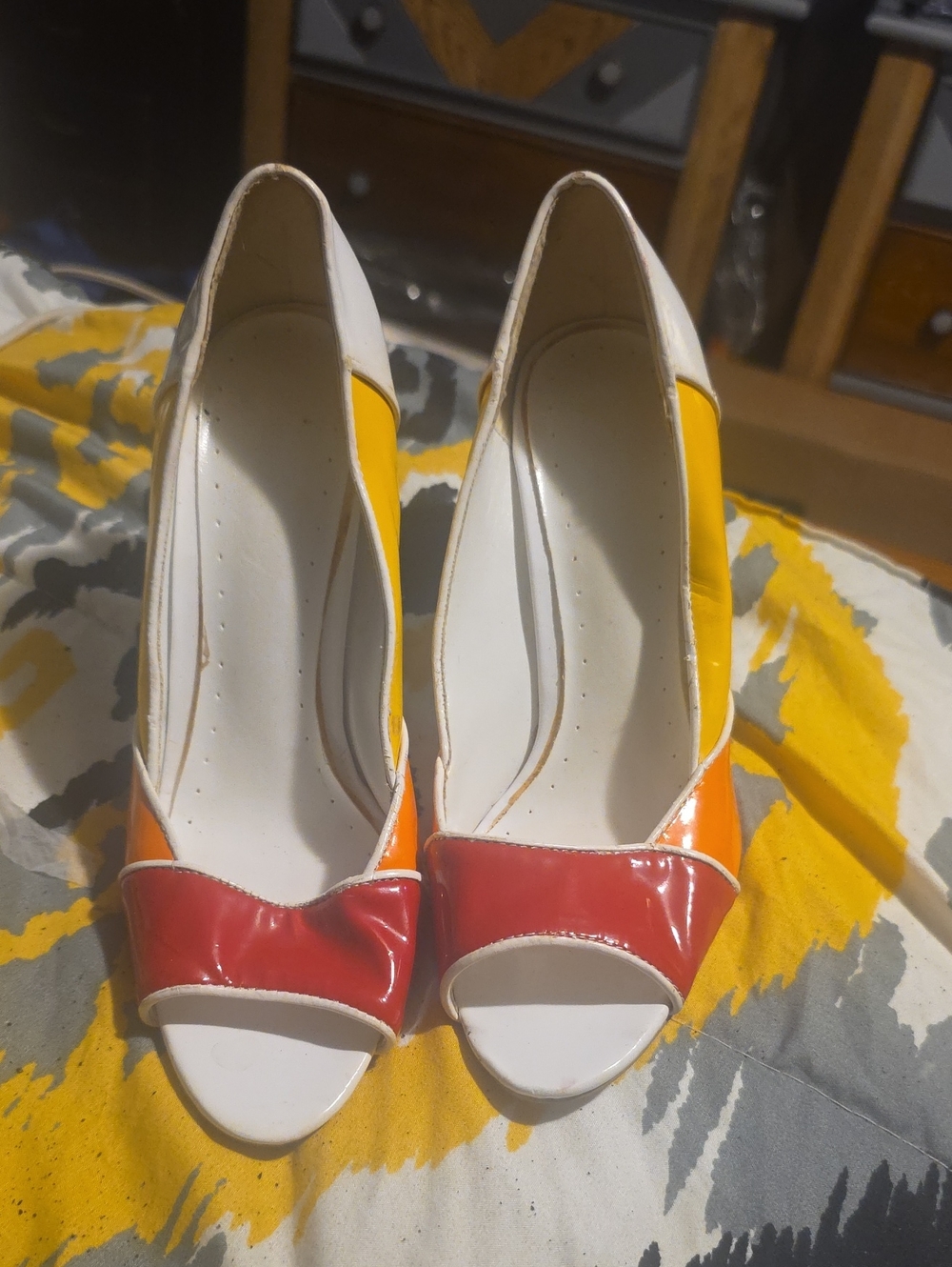 Women’s Colorblock Peep-Toe Heels in White, Red, Orange and Yellow
